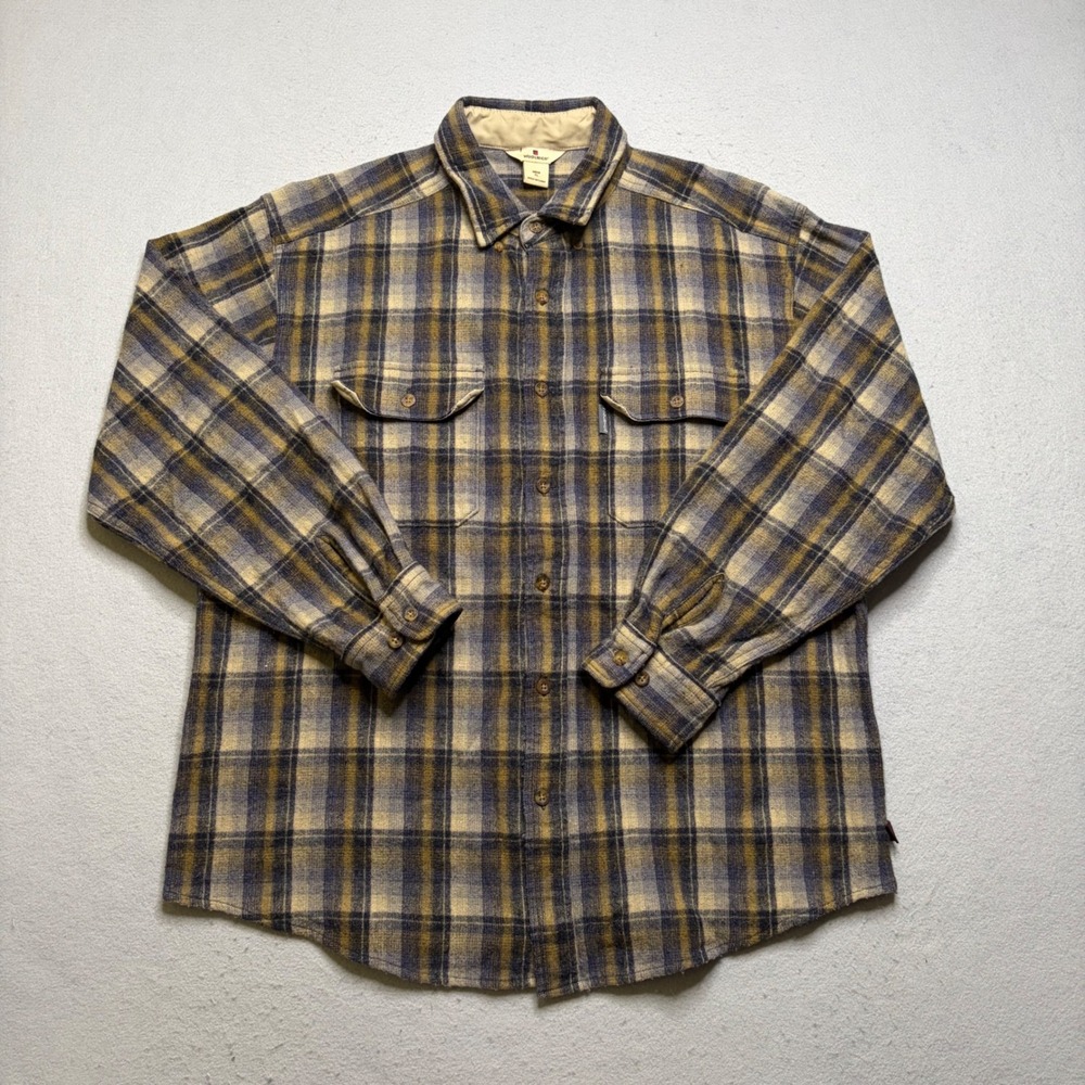 Woolrich Flannel Shirt Mens XL Blue Tan Plaid Vintage 90s Wool Blend Heavyweight